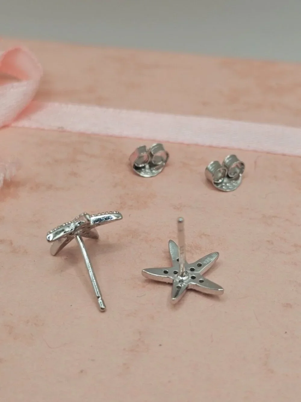 Sterling Silver 925 Rhodium Plated Sea Starfish Cubic Zirconia Stud Earrings